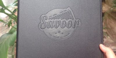 In logo nhà hàng lên menu bìa da, bìa menu nhà hàng