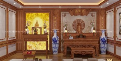 Thiết kế bàn thờ gia tiên kết hợp bàn thờ Phật trang nghiêm