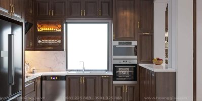 Mẫu tủ bếp gỗ gõ sơn màu nâu hạt dẻ thời thượng